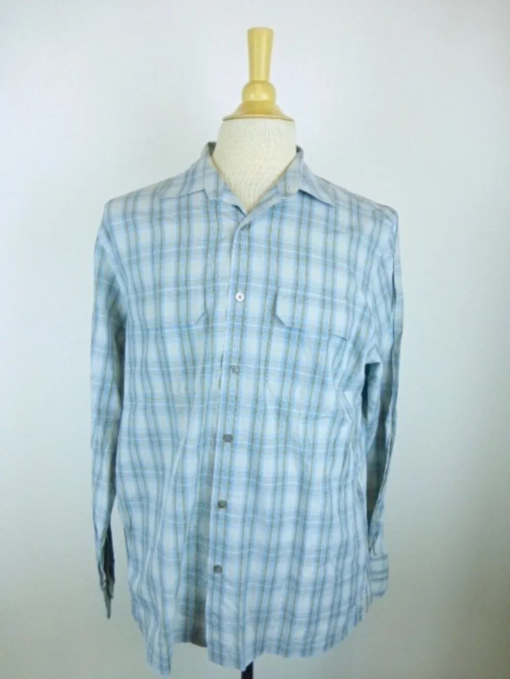 BANANA REPUBLIC shirt blue tan plaid flap pocket work shacket M